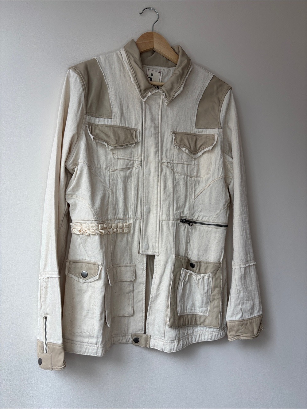 Cream Tan Patchwork Leather Trim Utility Jacket